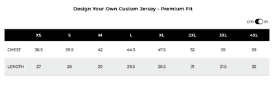 Custom Premium Fit jersey size chart with chest and length measurements.