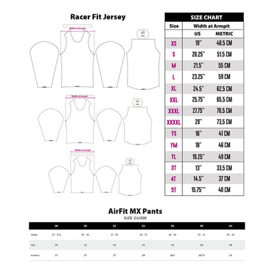 Canvas MX Racer Fit and Air Fit motocross jersey size chart