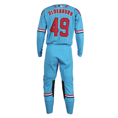 Blue St Louis Cardinals custom motocross jersey and pants, back view